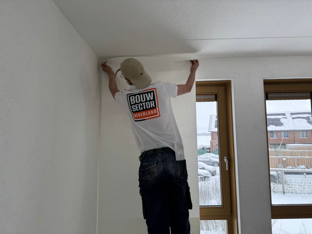 Vakman van Bouwsector Nederland drukt een baan renovlies aan tot tegen het plafond